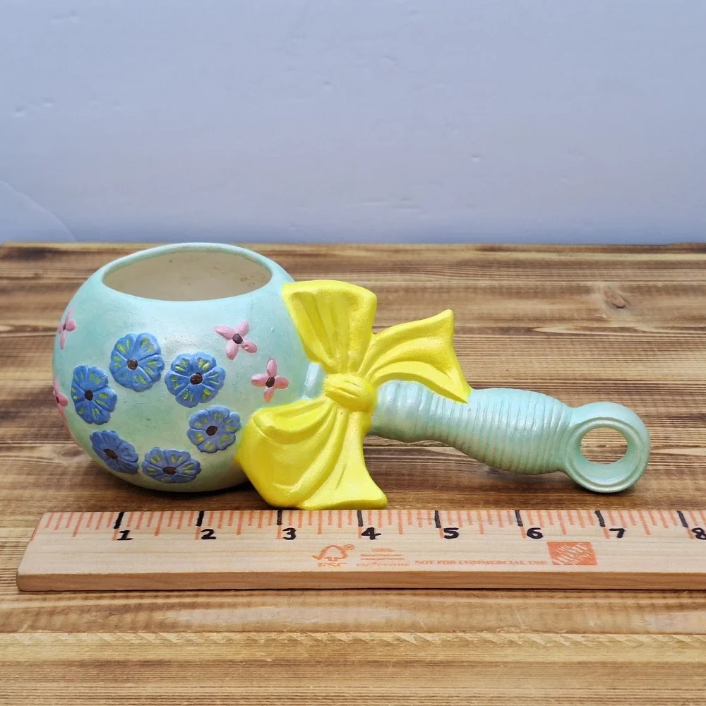 Vintage Baby Rattle Pottery Planter Signed Blue Yellow Pink CB‎
